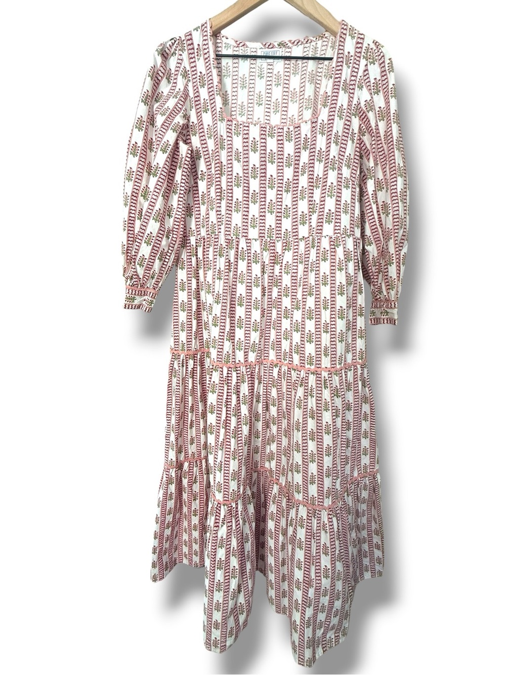 Pink City Prints Pink Block Print Cotton Tiered Midi Dress Square Neck Size M